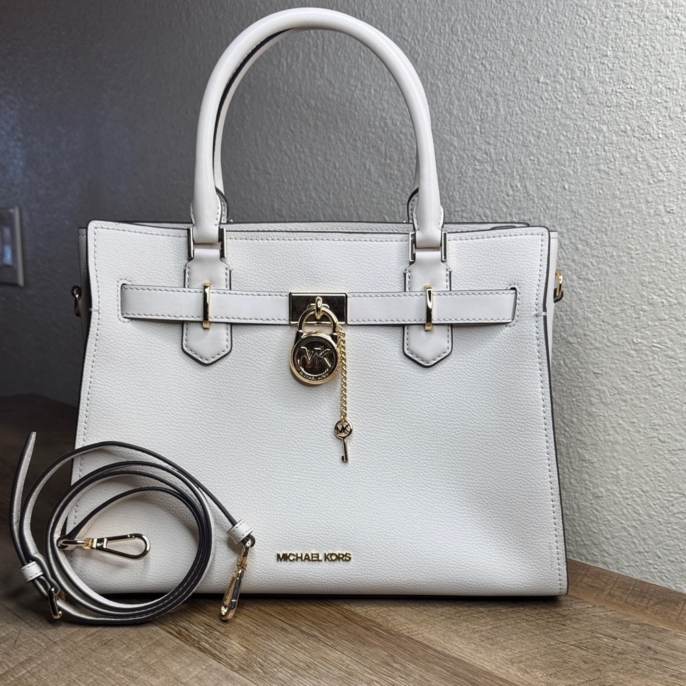Michael Kors Hamilton Leather Medium Light Cream Satchel with Gold Accents - Picture 2 of 8